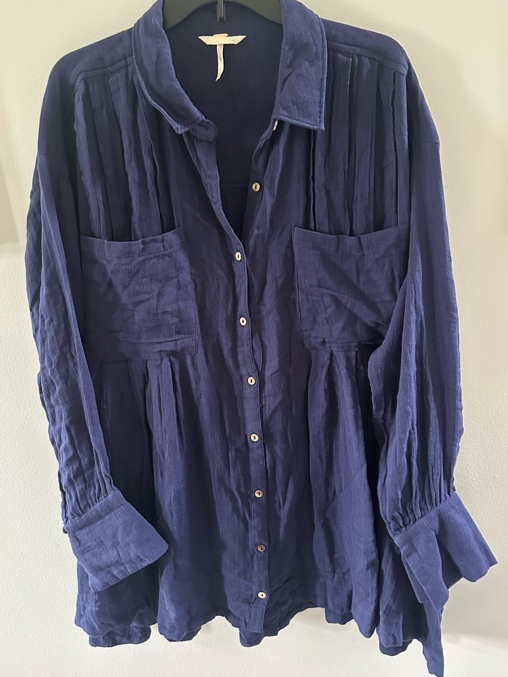 Free People Voyager Shirtdress Navy Blue Oversized Button Front Gauze Medium